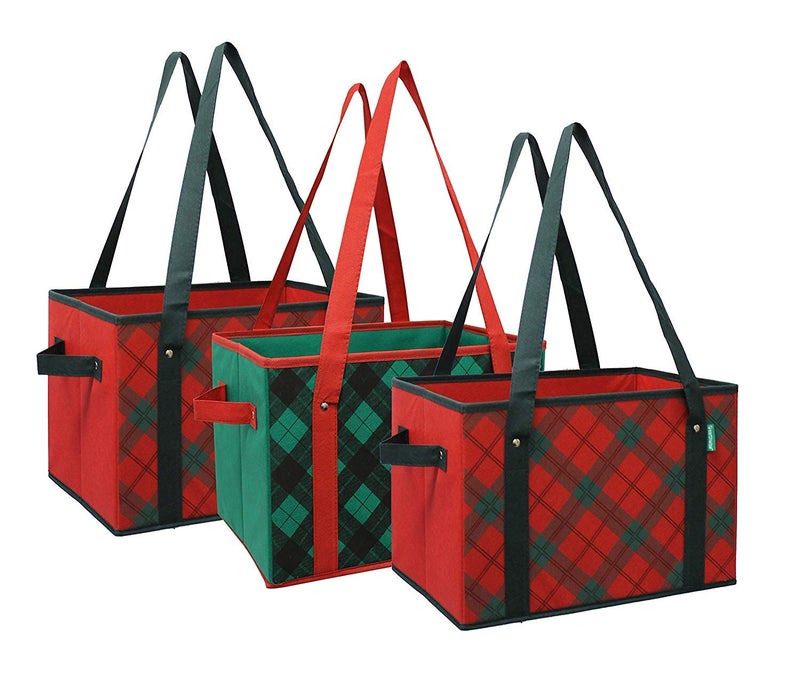 Earthwise Deluxe Collapsible Reusable Shopping Box Grocery Bag Set with Reinforced Bottom Plaid Holiday Xmas Christmas Design Storage Boxes Bins Cubes (Set of 3) (Holiday) - Image 1